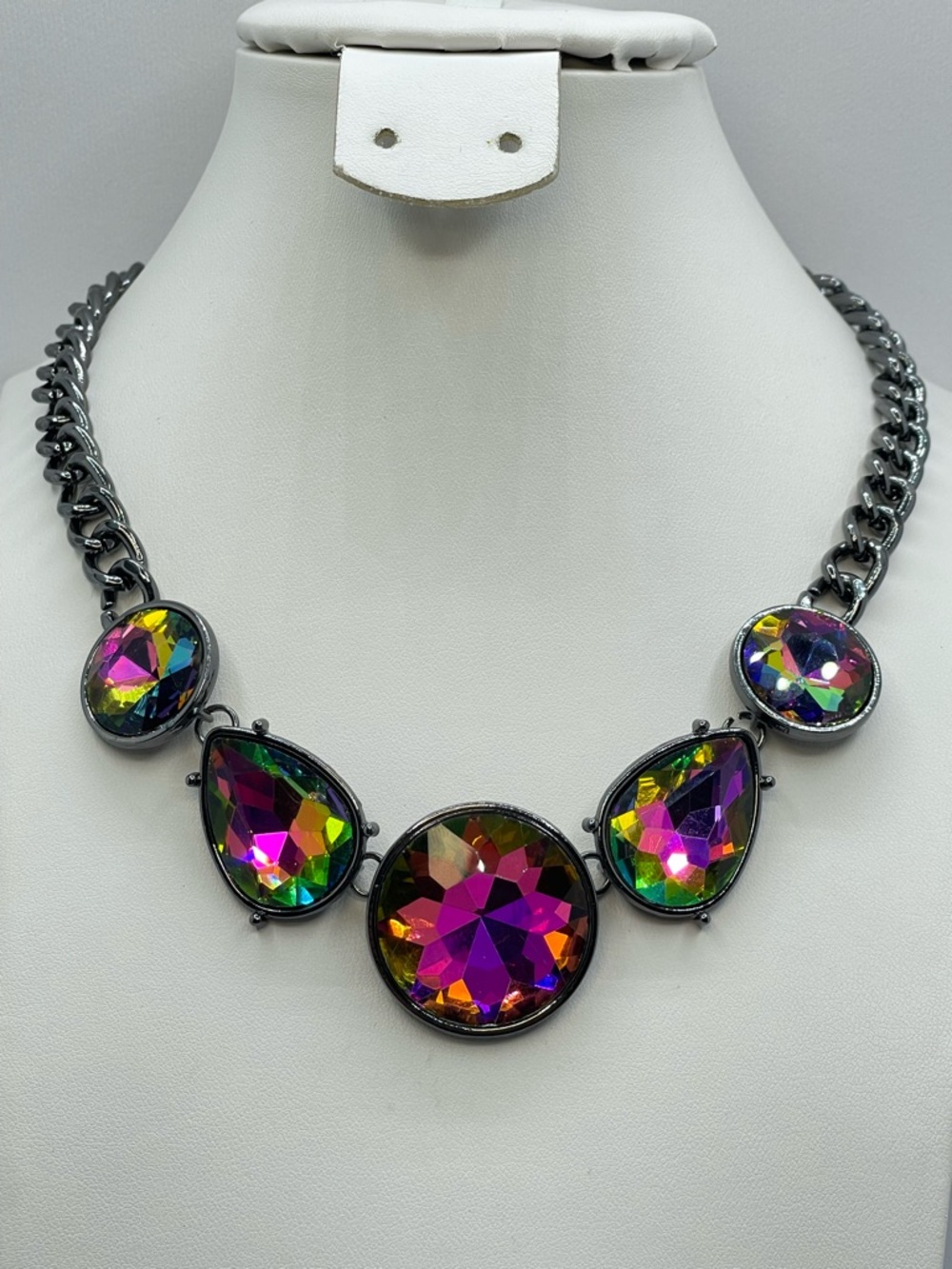 Gunmetal AB Crystal Statement Necklace Rainbow Rhinestone Bib